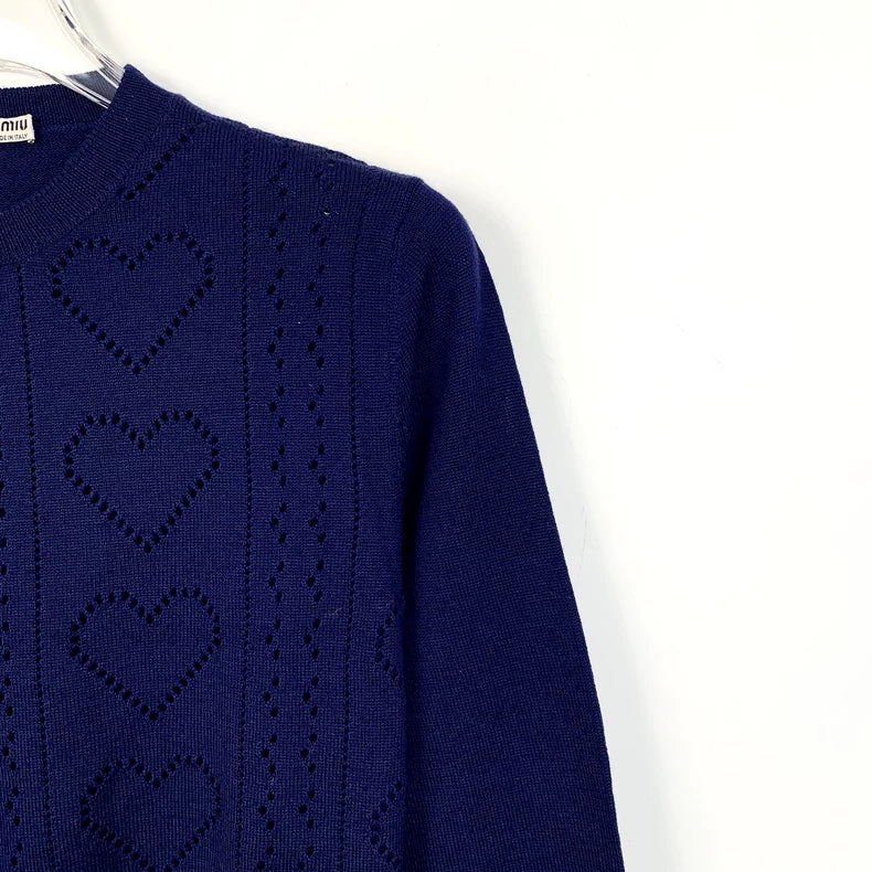 Dark Blue Heart Pattern Knitted Sweater