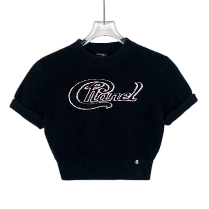 Chanel Black Logo Embroidered Knit Top