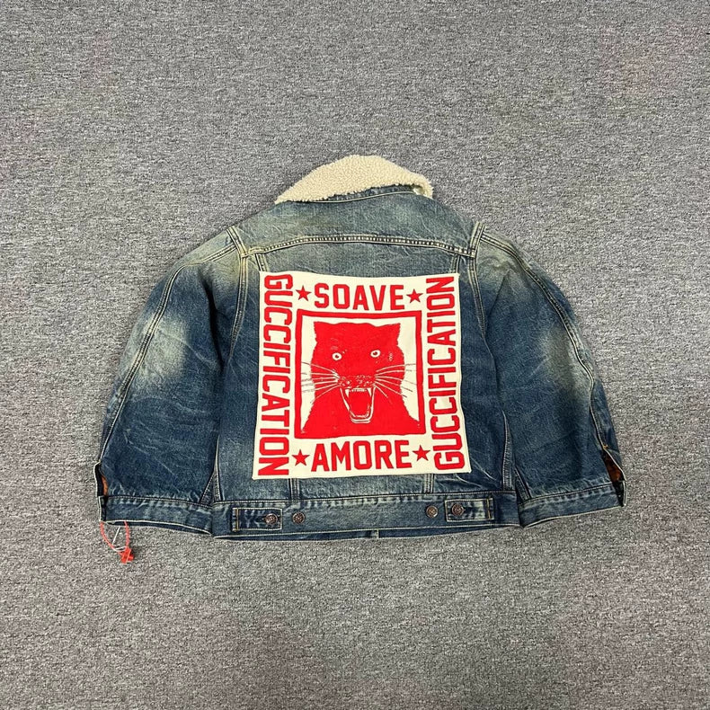 Gucci Denim Jacket with Leopard Fur Collar