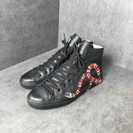 Gucci Black Leather Snake Print High-Top Sneakers 0079