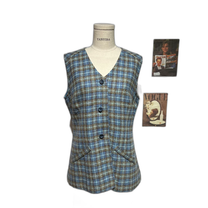 Vintage Blue Plaid Sleeveless Wool Vest