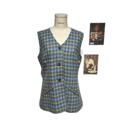 Vintage Blue Plaid Sleeveless Wool Vest