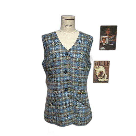Vintage Blue Plaid Sleeveless Wool Vest