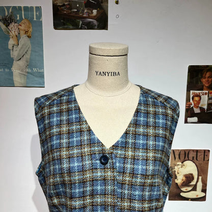Vintage Blue Plaid Sleeveless Wool Vest