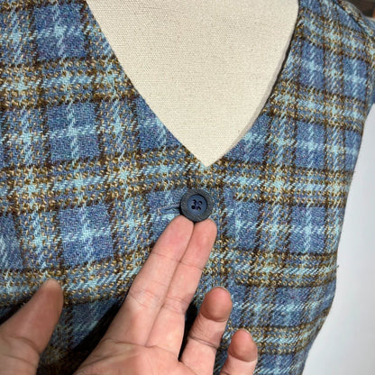 Vintage Blue Plaid Sleeveless Wool Vest
