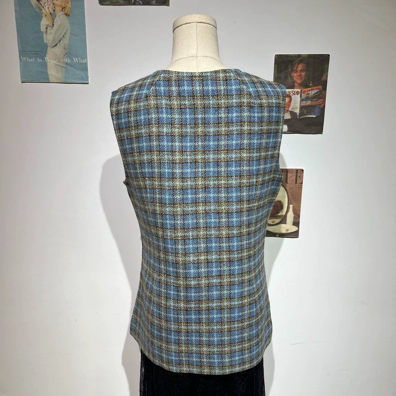 Vintage Blue Plaid Sleeveless Wool Vest