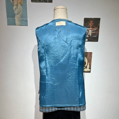 Vintage Blue Plaid Sleeveless Wool Vest