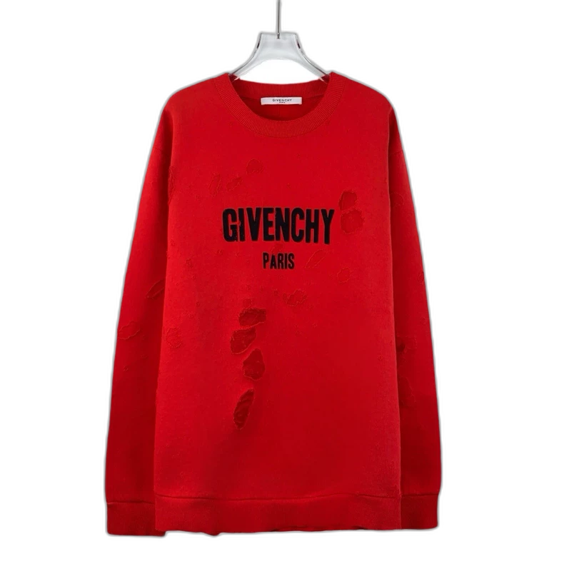 Givenchy Red Logo Print Distressed Long Sleeve Sweatshirt