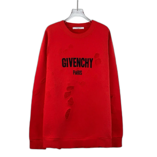 Givenchy Red Logo Print Distressed Long Sleeve Sweatshirt