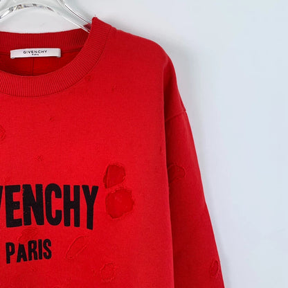 Givenchy Red Logo Print Distressed Long Sleeve Sweatshirt