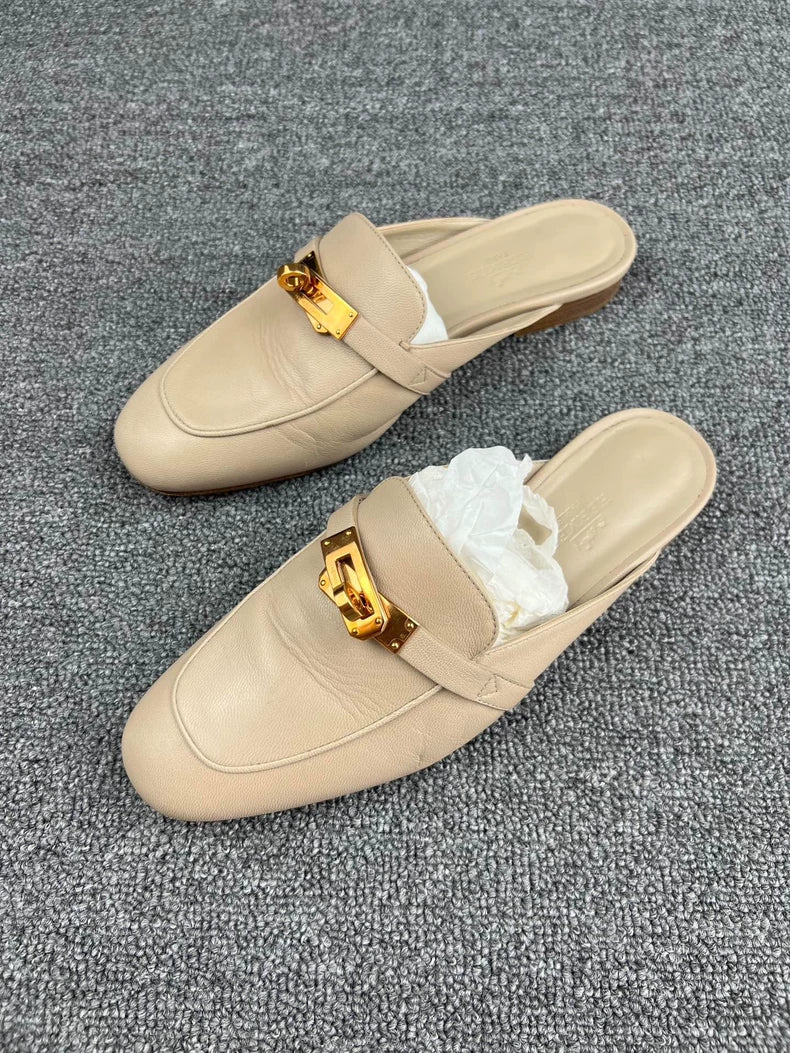 Hermes Beige Leather Mules with Gold Buckle-yf