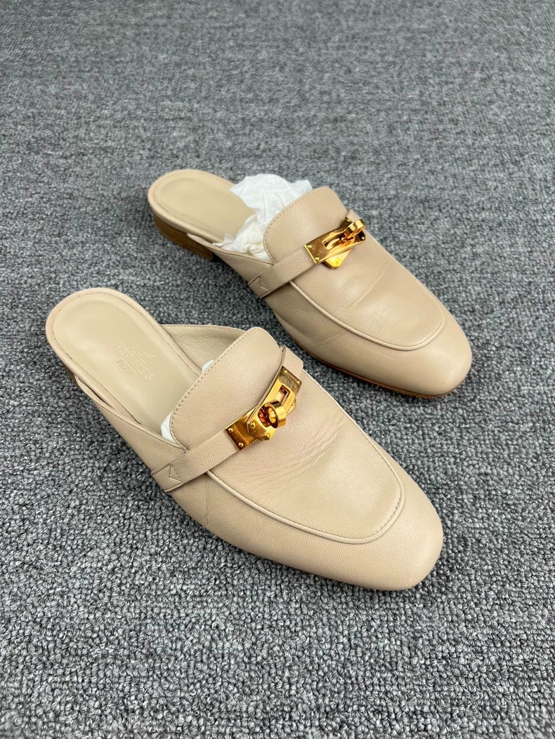 Hermes Beige Leather Mules with Gold Buckle-yf