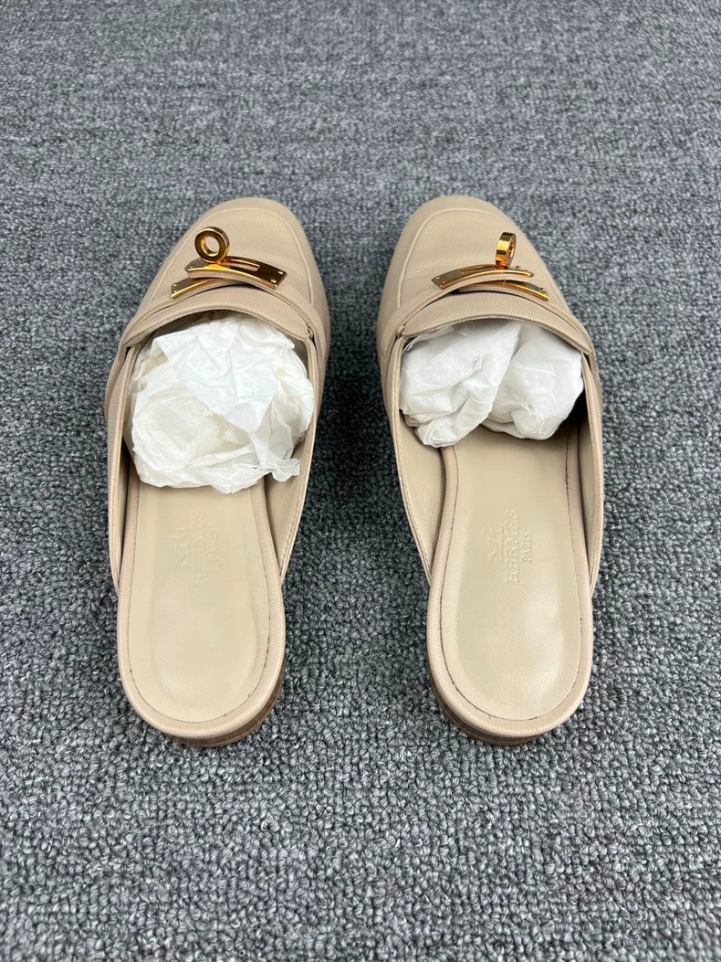 Hermes Beige Leather Mules with Gold Buckle-yf