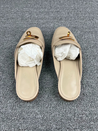 Hermes Beige Leather Mules with Gold Buckle-yf