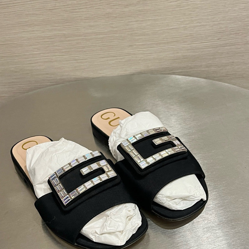 Gucci Crystal GG Logo Black Slide Sandals 0079