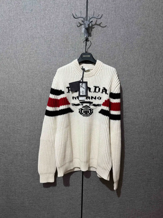Prada Men's White Cashmere Embroidered Sweater