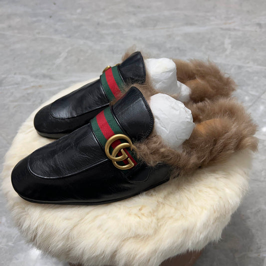 Gucci Black Fur-Lined Loafers for Men 0079