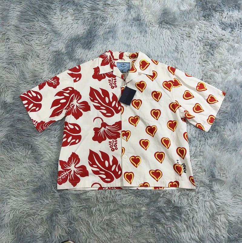 Prada Red and White Patterned Short Sleeve Shirt
