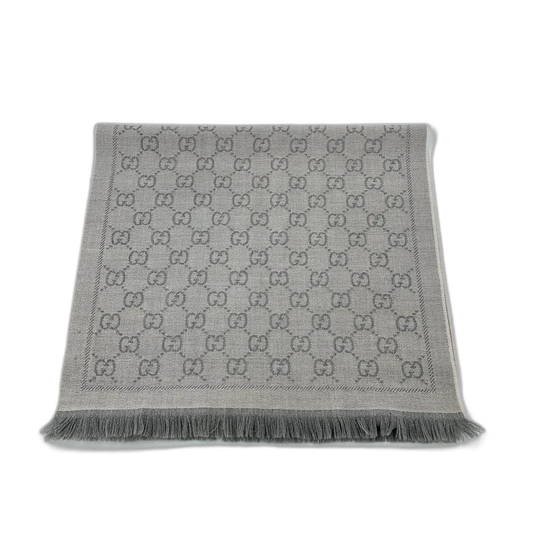 Gucci Gray Logo Wool Scarf with Fringes