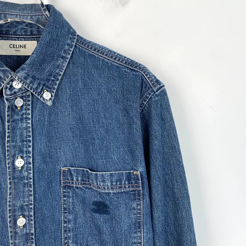 Celine Blue Denim Logo Cotton Shirt