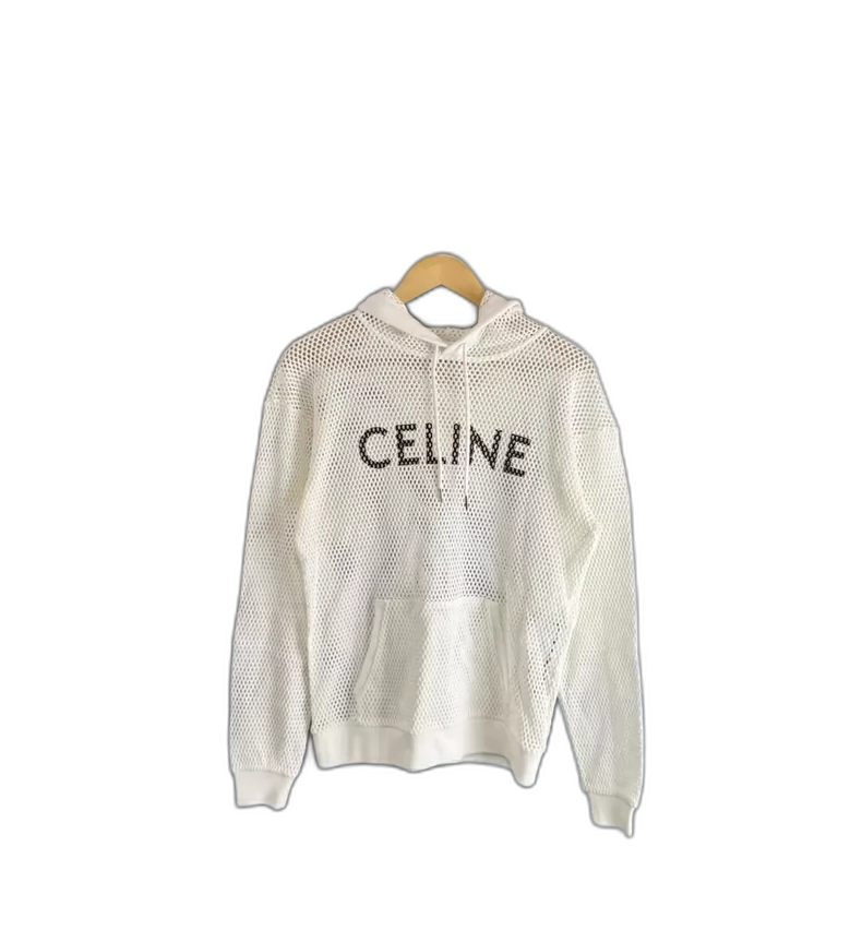 White Celine Mesh Hoodie with Logo