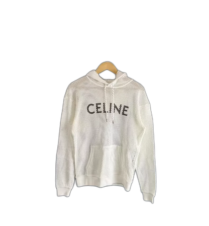 White Celine Mesh Hoodie with Logo