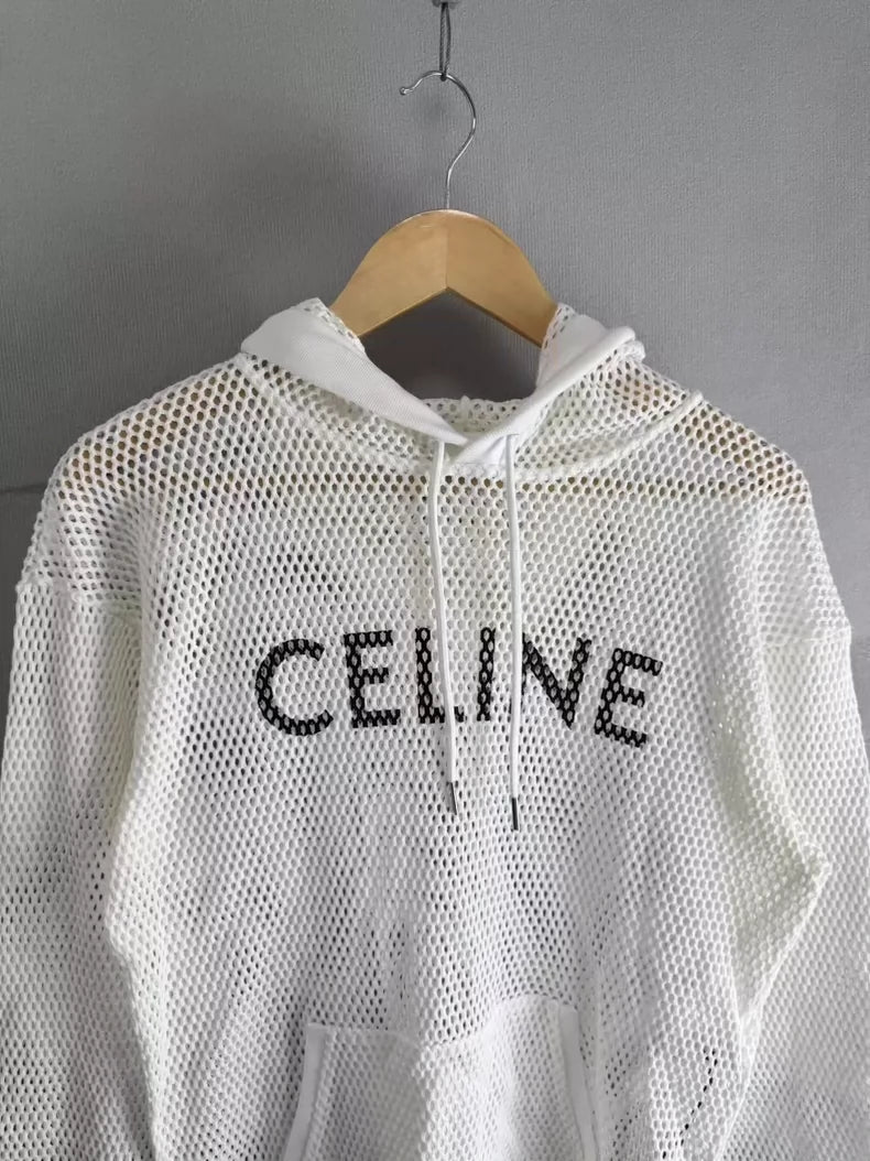 White Celine Mesh Hoodie with Logo