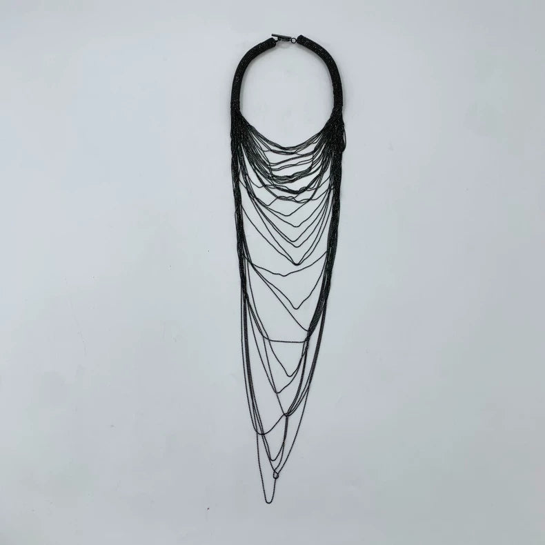 Black Layered Beaded Necklace 53cm Length