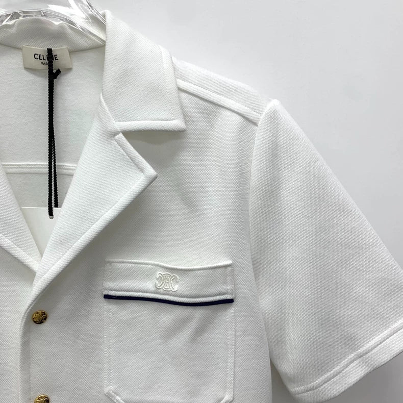 Celine White Embroidered Cotton Short Sleeve Shirt