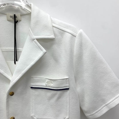 Celine White Embroidered Cotton Short Sleeve Shirt