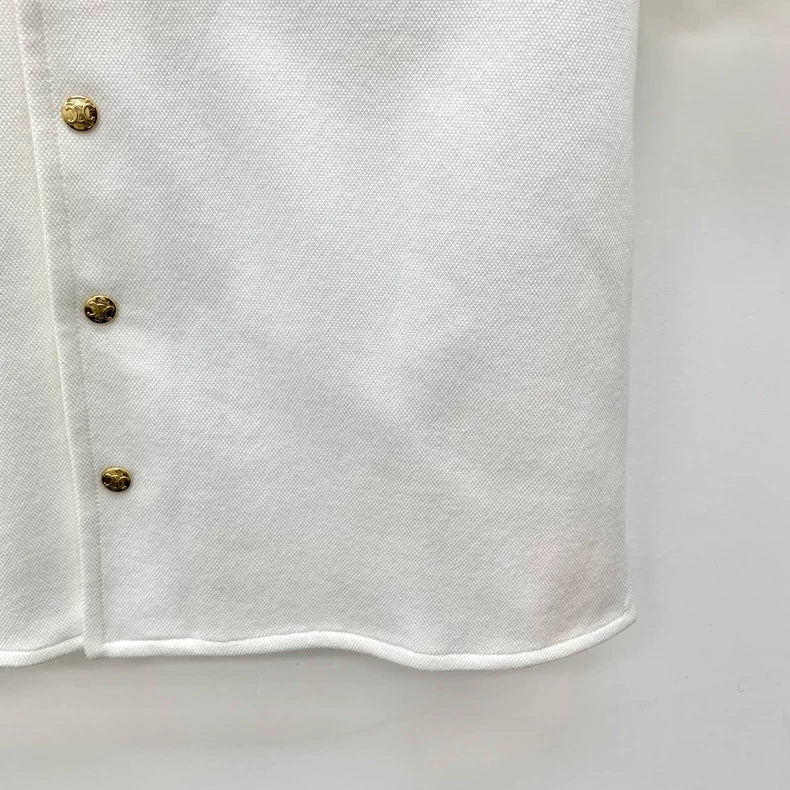 Celine White Embroidered Cotton Short Sleeve Shirt