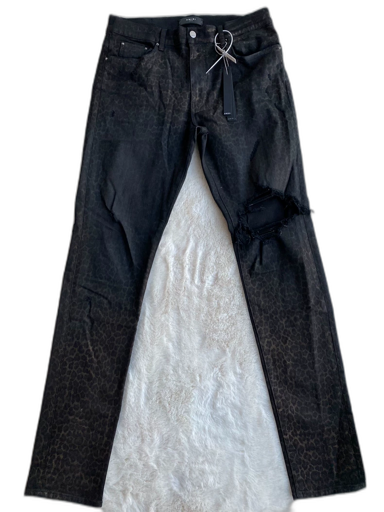 Amiri Black Leopard Print Distressed Jeans