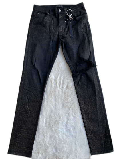 Amiri Black Leopard Print Distressed Jeans