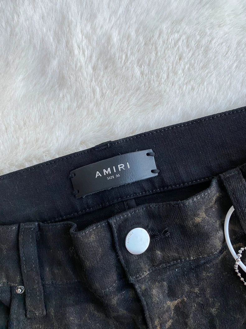 Amiri Black Leopard Print Distressed Jeans