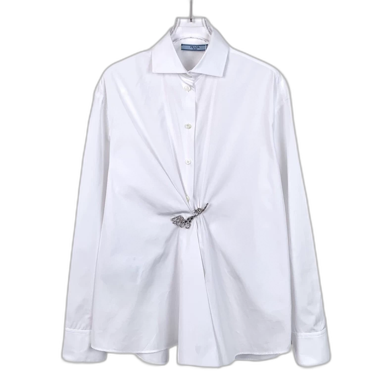 White Long Sleeve Prada Shirt with Brooch