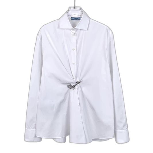White Long Sleeve Prada Shirt with Brooch