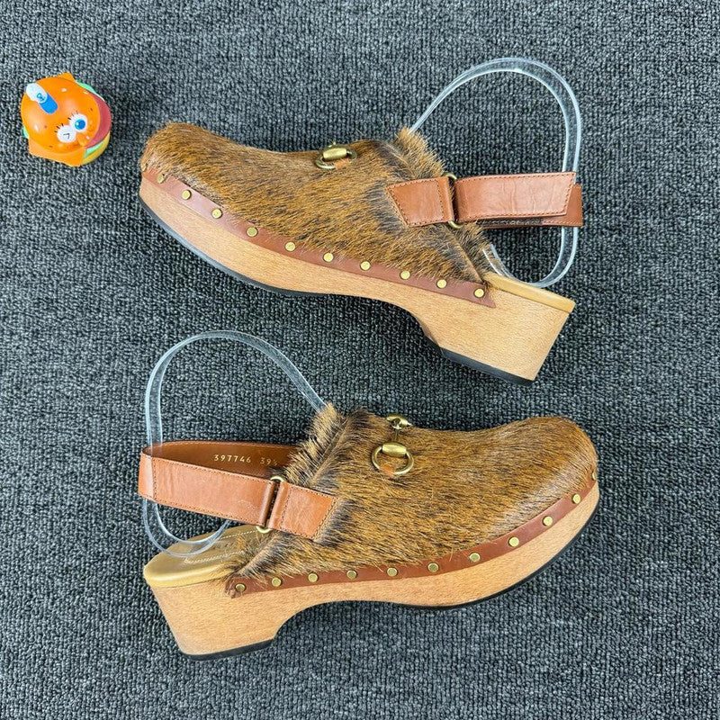 Gucci Brown Fur-Clad High Heel Clogs 0079