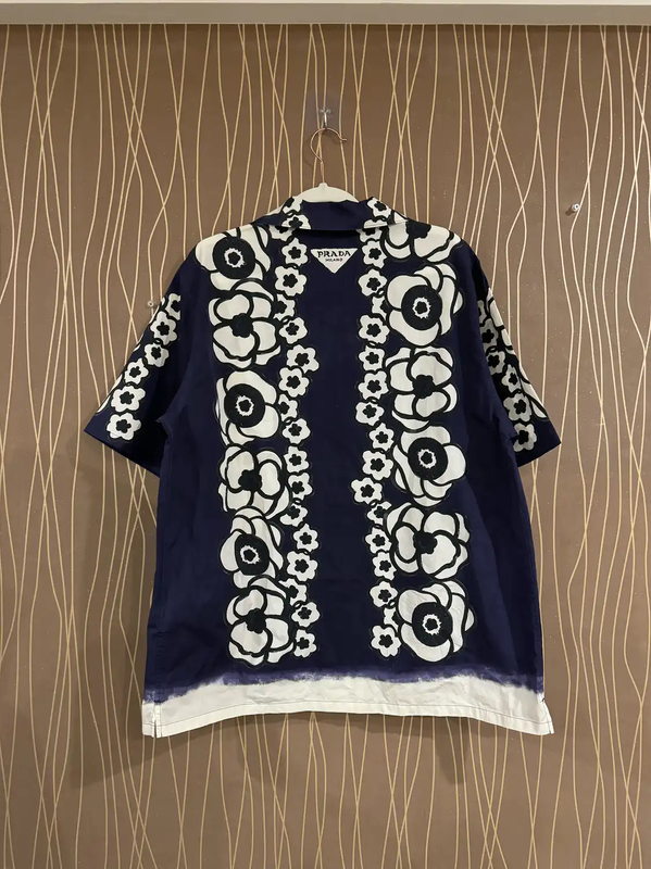 Prada Navy Floral Pattern Short Sleeve Shirt