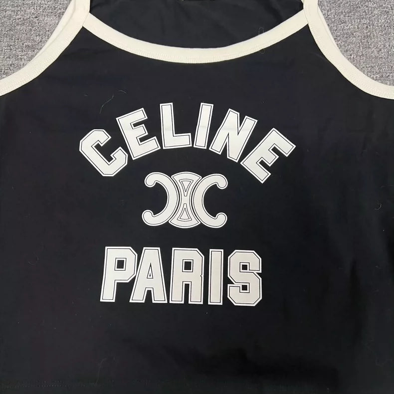 Celine Black Logo Tank Top with Straps