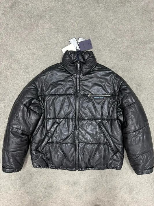 Prada Black Leather Puffer Jacket for Men