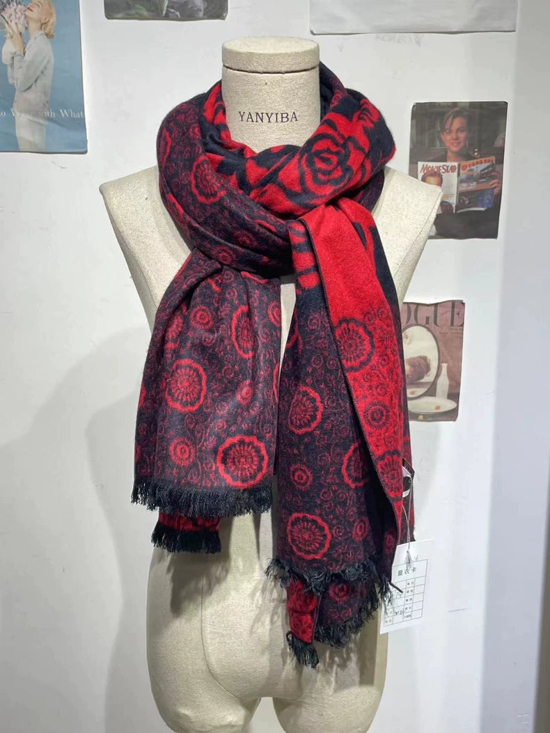 Vintage Chanel Wool Scarf with Rose Pattern