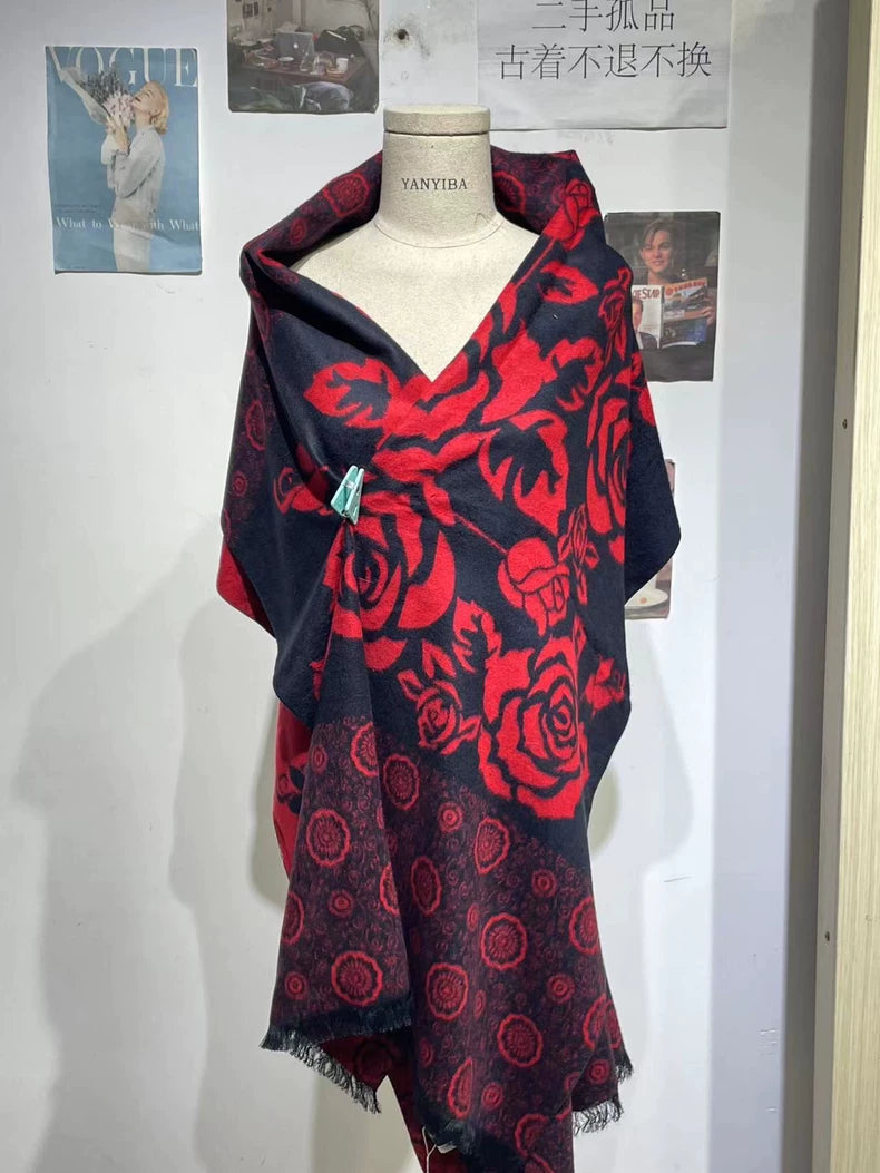 Vintage Chanel Wool Scarf with Rose Pattern