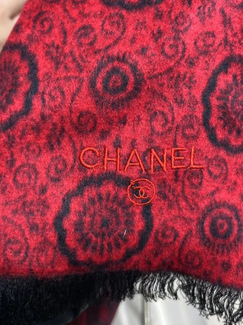 Vintage Chanel Wool Scarf with Rose Pattern
