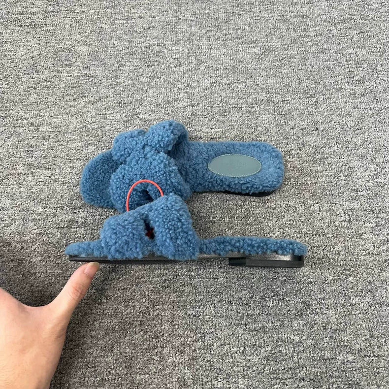 Hermes Teddy Slippers in Light Blue Color