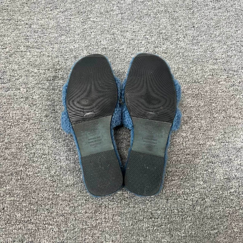 Hermes Teddy Slippers in Light Blue Color