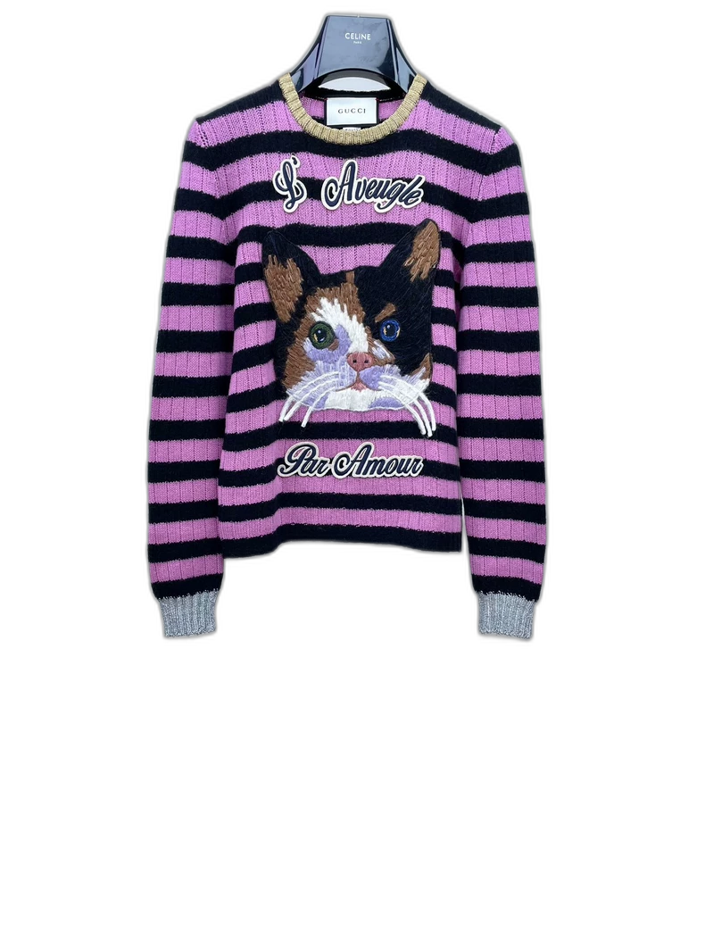 Gucci Pink Striped Cat Embroidered Sweater