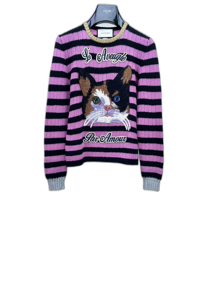 Gucci Pink Striped Cat Embroidered Sweater