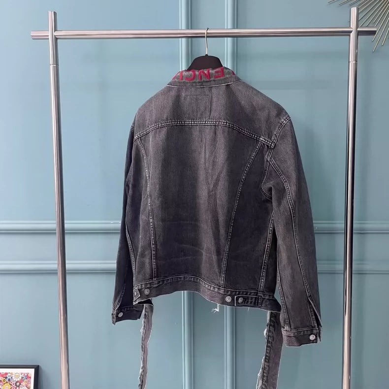 Balenciaga Red Collared Logo Denim Jacket