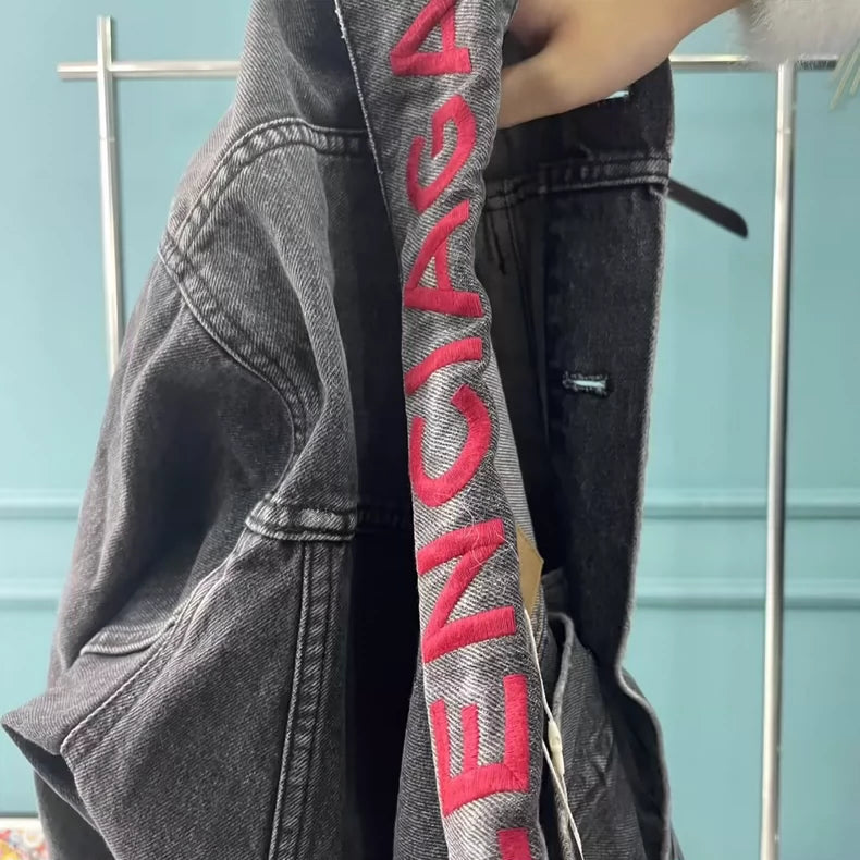 Balenciaga Red Collared Logo Denim Jacket