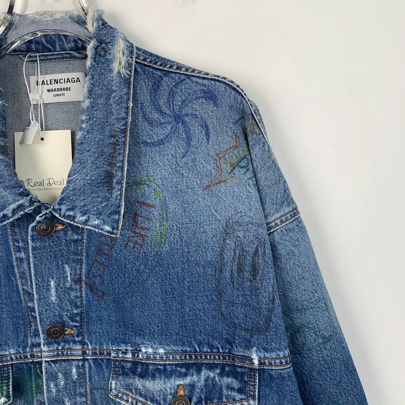 Balenciaga Blue Graffiti Print Denim Jacket